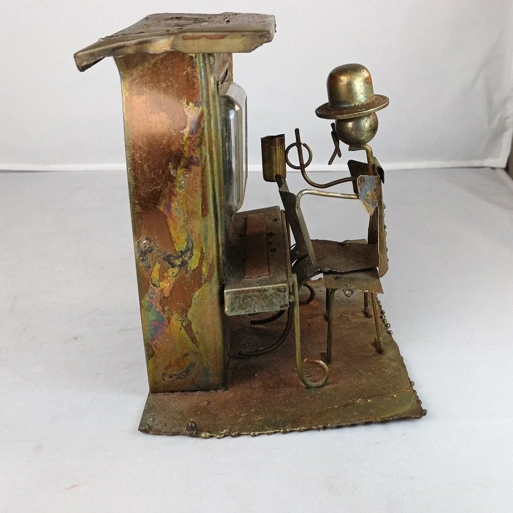 VTG Piano Man Copper Tin Sculpture Music Box Saloon Bar Folk Art PLAYS!
